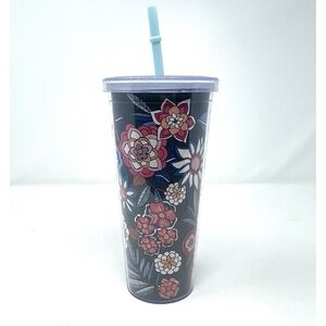 Vera Bradley Double Wall 20‎ Oz. Tumbler Green Pink White Floral With Straw